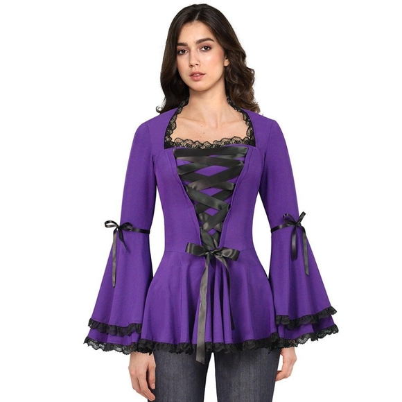 Purple Lace Up Bell Sleeve Top Size 16 (Tag Size 44) - Picture 7 of 12